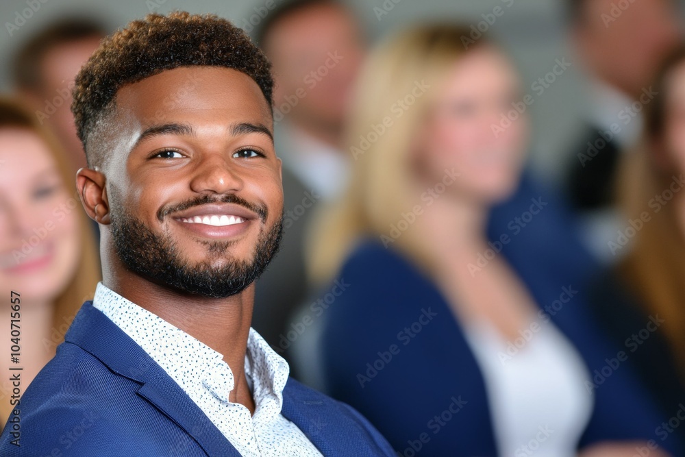 Poster a man with a beard and a smile is standing in front of a group of people