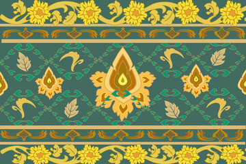 Classic Thai fabric pattern, gold color, seamless geometric shape, dark green background illustration, floral border, wallpaper. Vector, design.