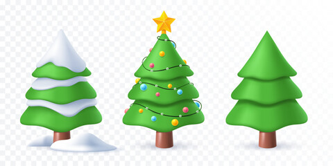 Decorated Christmas tree in 3d style. Green snow-covered fir tree isolated on transparent background. Traditional decoration for winter holidays. Element for your design. Vector illustration