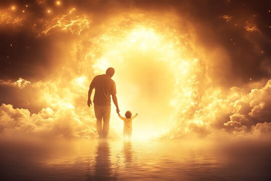 An adult gently leads their inner child by the hand, symbolizes the journey into healing