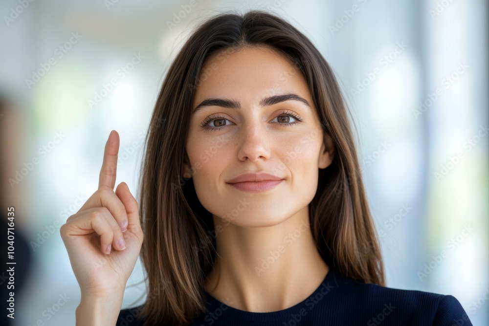 Wall mural A woman with long brown hair is pointing her finger up