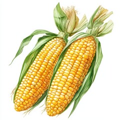 Fresh corn on the cob, vibrant yellow kernels, isolated on white background.