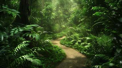 lush green foliage in a dense jungle with a winding path leading into the distance, with rays of sunlight filtering through the dense canopy