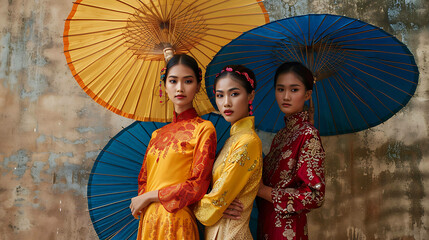 Three beautiful Asian women wearing traditional clothing and holding colorful parasols.