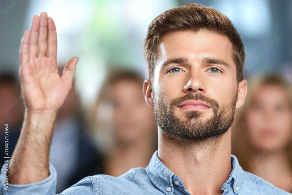 Canvas Prints A man with a beard and a blue shirt is waving his hand, class for adults