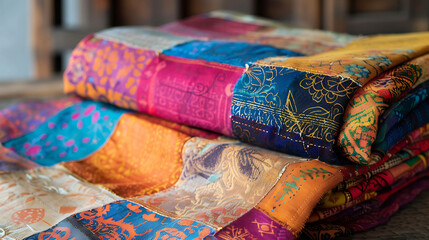 A stack of colorful quilts, folded and stacked on a wooden bench.