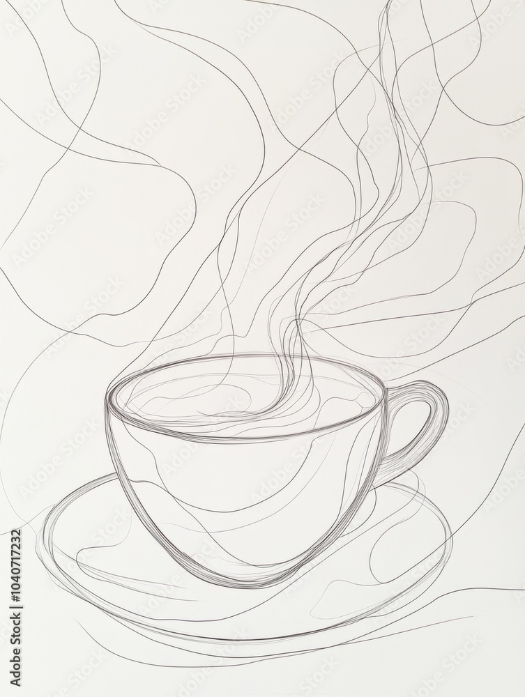 Poster a delicate continuous line illustrates a tea cup with steam, conveying a sense of warmth and calmnes