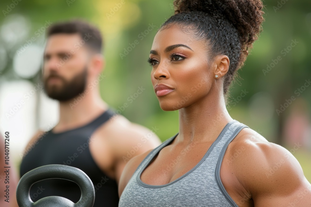 Poster A woman with a kettlebell in her hand is standing next to a man