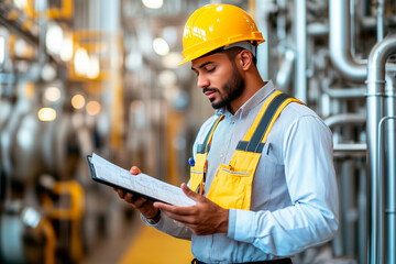 Latino male engineer in safety equipment checking industry facilities,worker in uniform