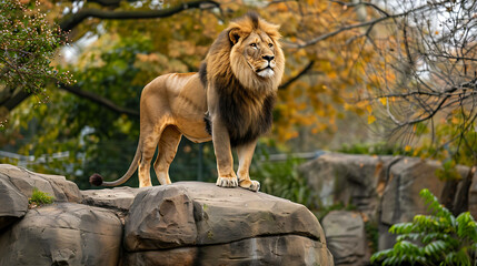 A majestic lion stands on a rock, surveying his kingdom. The sun shines through the trees, casting a warm glow over the scene.