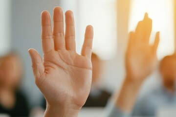 A hand is raised in the air, with the fingers spread out, and the palm facing up