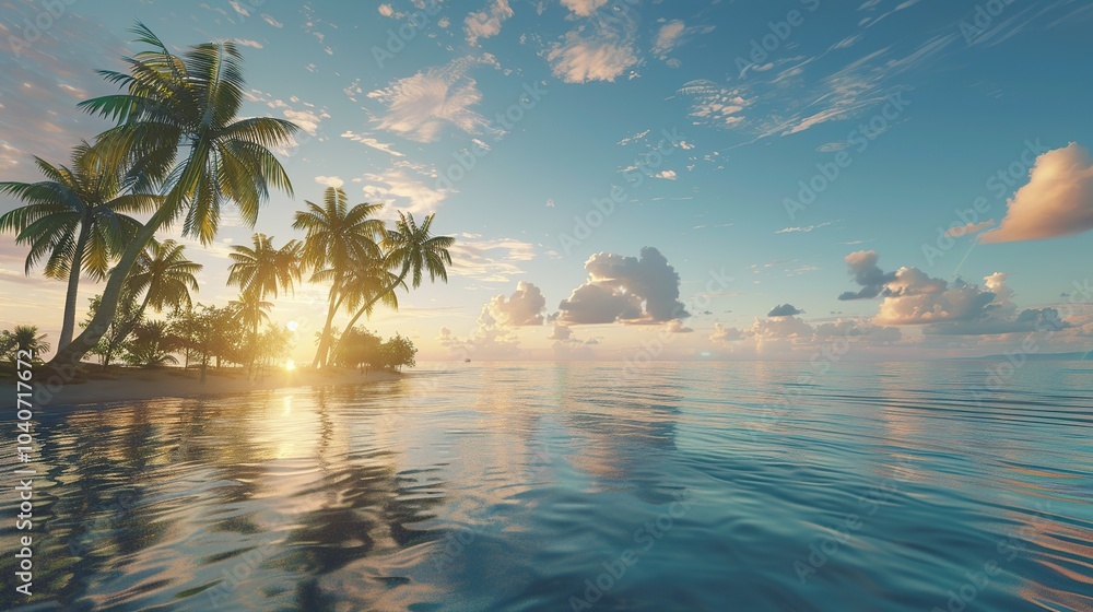 Poster a panoramic vista of a calm ocean with shimmering water surrounding a remote island. the island boas
