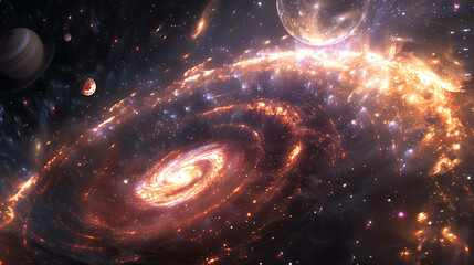 Amazing space scene with glowing galaxy and planets. Perfect for your next sci-fi project.