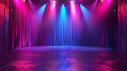 The stage is set for a performance. The curtains are drawn and the lights are on. The audience is waiting in anticipation.