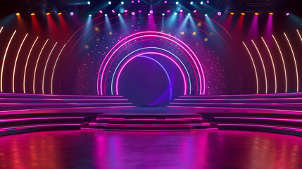 Obraz premium This is a 3D rendering of an empty stage with a large circular screen in the background.