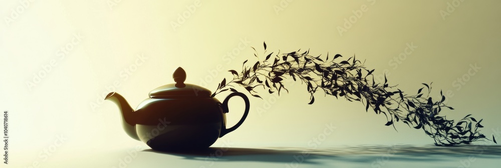 Poster A teapot silhouette elegantly turns into a stream of tea leaves against a softly illuminated backdrop, creating an abstract effect. Generative AI