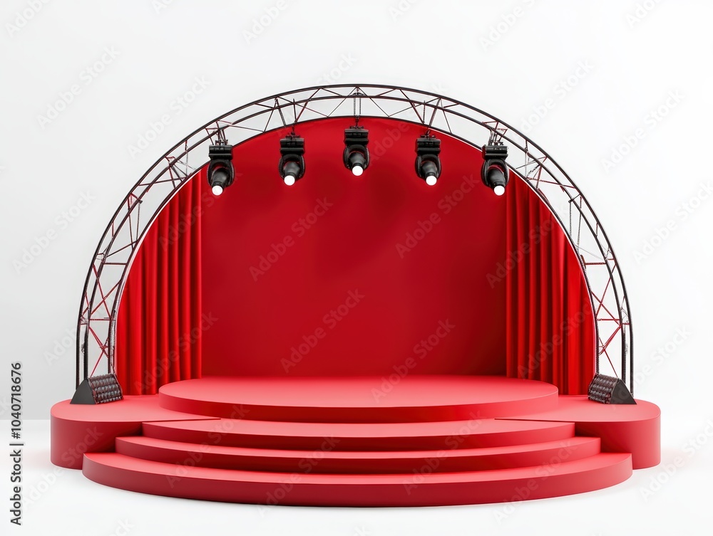 Poster stage setup with red curtains and lights for performances, white isolate background.