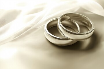 Elegant silver wedding rings resting on soft fabric with subtle reflections in a softly lit environment