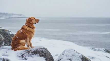 Obraz premium A dog at the rocks in the wintertime. Duck tolling retriever from Nova Scotia. taking a pet on a trip. A healthy way of living