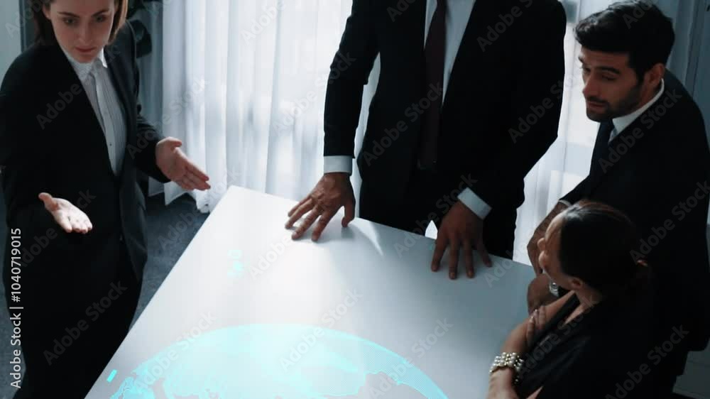 Poster top view of project manager looking hologram of global networking connection table surrounded by div