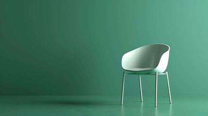 The image is a 3D rendering of a single chair in the center of a room. The chair is white and the room is green.
