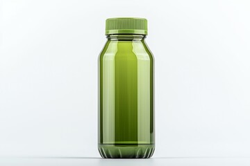 A green bottle with a green cap sits on a white background