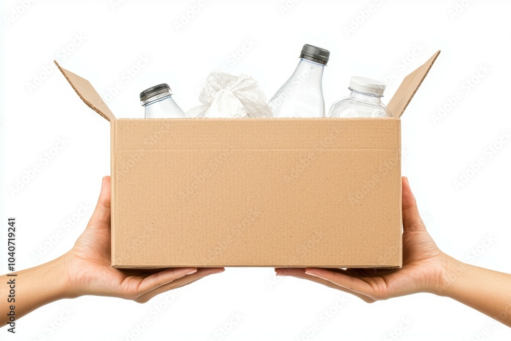 Canvas Prints a person is holding a cardboard box with a variety of bottles and a bag inside