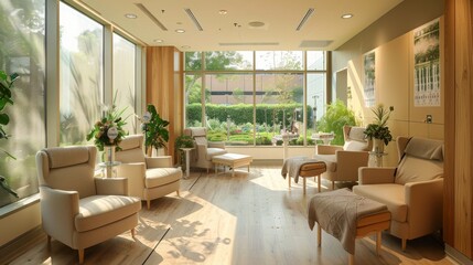 Fototapeta premium A relaxing waiting area with comfortable chairs, natural light, and a view of a lush garden outside.