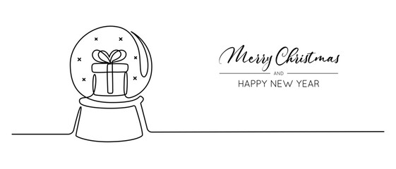 Christmas snow globe with gift box inside in One continuous line drawing. Magic glass ball for winter xmas holiday concept in simple linear style. Editable stroke. Doodle vector illustration