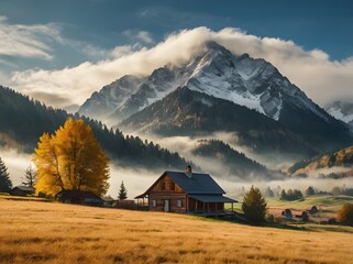Mountain Cabin in Autumn Landscape with Fog and Snow Capped Peak