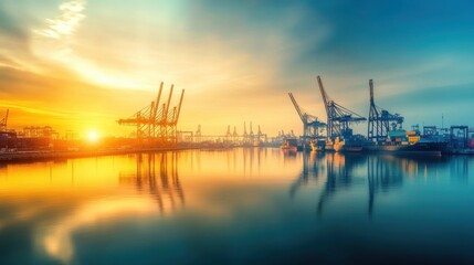 Fototapeta premium A dynamic harbor vista at dawn, where cranes and containers create a symphony of movement under the gentle morning sky, symbolizing the vibrancy of international trade