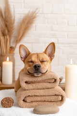 Fototapeta na wymiar A relaxed dog resting on stacked towels, surrounded by candles and decorative elements, exuding a cozy and serene ambiance.