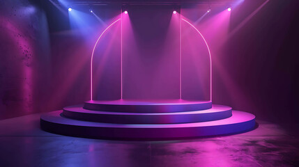 3D rendering of an empty stage with a glowing pink and blue neon light. The stage is made of three levels, each with a different shade of pink.