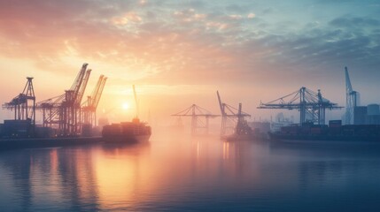Obraz premium A dynamic harbor vista at dawn, where cranes and containers create a symphony of movement under the gentle morning sky, symbolizing the vibrancy of international trade