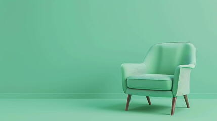 The image is a 3D rendering of a mint green armchair in a mint green room. The armchair is in the center of the image and is facing the viewer.