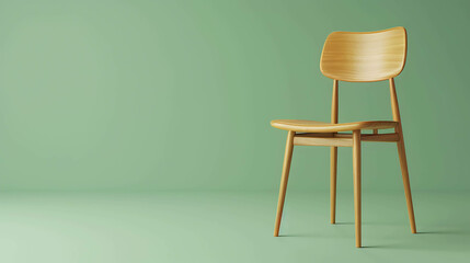Simple wooden chair on a green background. The chair is made of light wood and has a simple design.