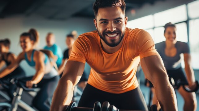 A dynamic image of a fitness instructor leading a group spin class in a gym, with spinning bikes and energetic participants, Energetic style
