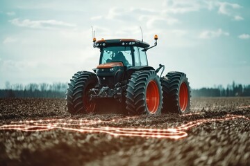 Self-driving tractor plowing fields with high-tech GPS guidance for precision farming