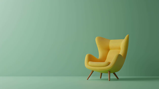 3D rendering of a yellow armchair in a green room. The armchair is in the center of the image. The room is empty and has a green wall.