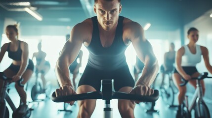 A dynamic image of a fitness instructor leading a group spin class in a gym, with spinning bikes and energetic participants, Energetic style