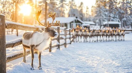 Obraz premium Winter day with a herd of reindeer on a farm in Lapland, Finland