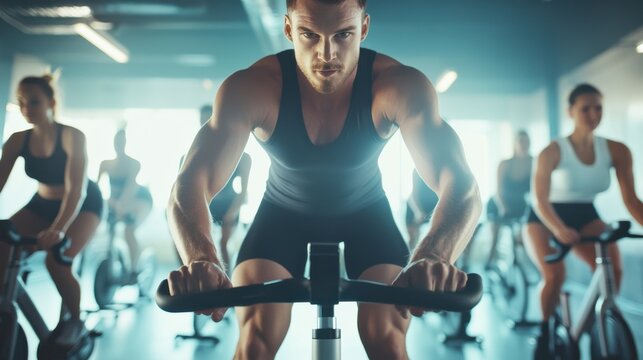A dynamic image of a fitness instructor leading a group spin class in a gym, with spinning bikes and energetic participants, Energetic style