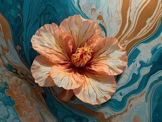 Abstract Floral Design with Teal and Peach Swirls