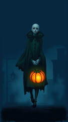 Halloween pumpkin girl holding a glowing pumpkin lantern