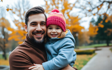Naklejka premium Family portrait, father with his child on a walk in the autumn park. Childhood.