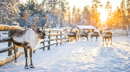 Obraz premium Winter day with a herd of reindeer on a farm in Lapland, Finland