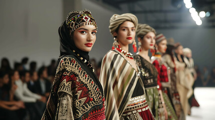 Fototapeta premium A group of models wearing traditional clothing with modern flair walk the runway at a fashion show.
