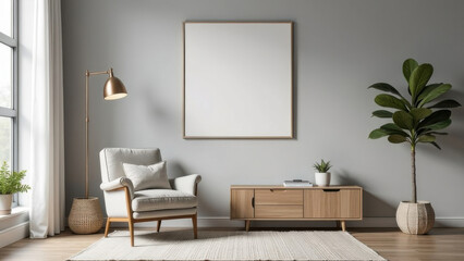 Fototapeta premium Modern, minimalist living room with an empty frame on a grey wall, perfect for showcasing art