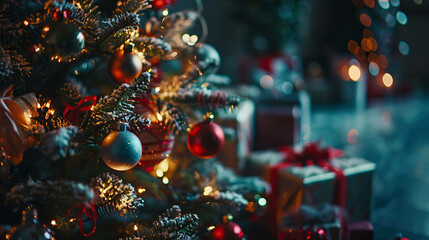 A beautiful Christmas tree with red and gold ornaments and a white background. The tree is lit up with a warm glow. There are presents under the tree.