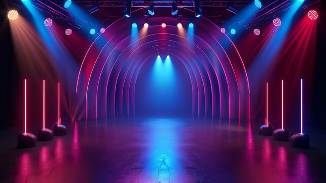 3D rendering of an empty stage with a glowing blue spotlight. The stage is surrounded by a large curved wall with bright pink neon lights.